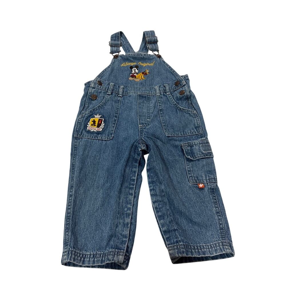 Vintage Disney Mickey Mouse Pluto Denim Overalls Boys 24M Retro Embroidered